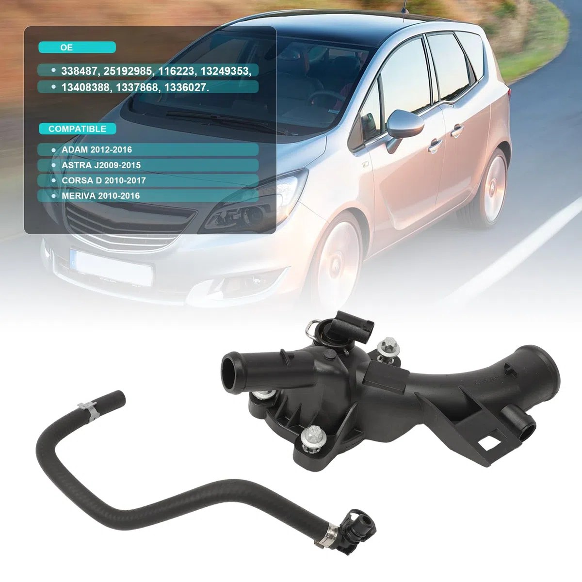 Scatola termostato, uscita pompa acqua 1338487, compatibile con Vauxhal Adam Astra Corsa Meriva 2010-2016, 25192985 13249353, con tubo dell'acqua