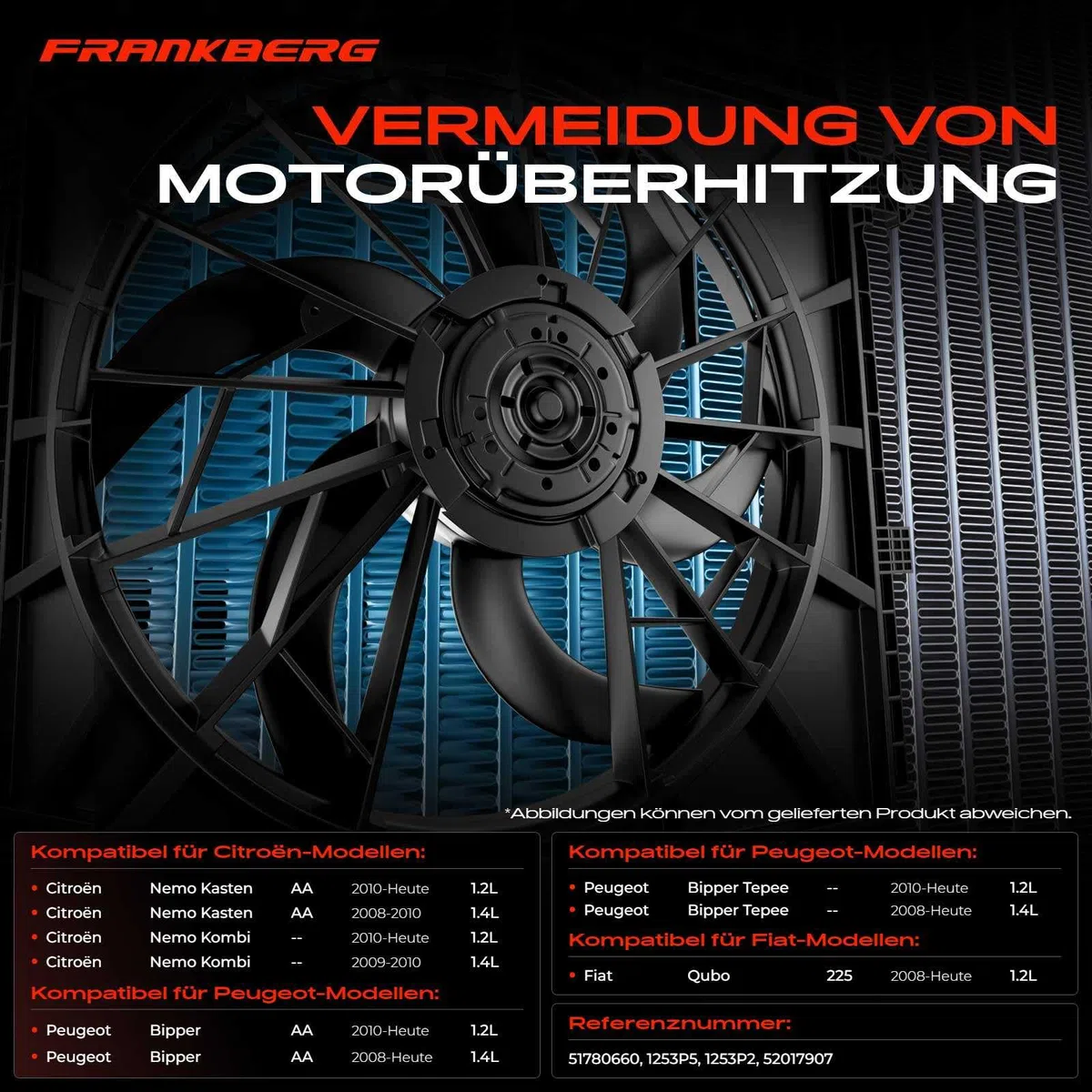 Frankberg Ventola del radiatore ad acqua Compatibile con Bipper Tepee 1.3 HDi 75 Nemo Station Wagon 1.3 HDi 75 Nemo Station Wagon 1.4 HDi Bipper Tepee 1.4 HDi Fiorino MPV 225 JTD MultiJet 1253P5